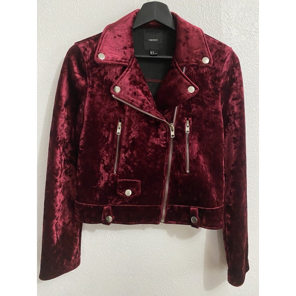 Forever 21 Sour Cherry Red Velvet Motorcycle Jacket Size M